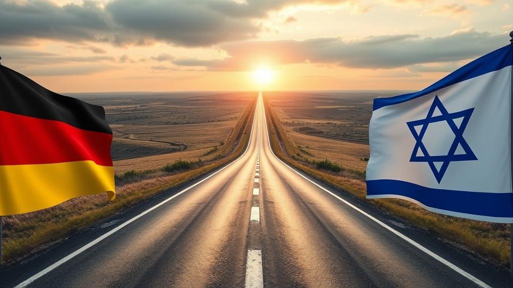 A long and winding road stretching into the horizon, flanked by the German and Israeli flags, to represent the continuous but complex dialogue and journey ahead for Germany-Israel relations.