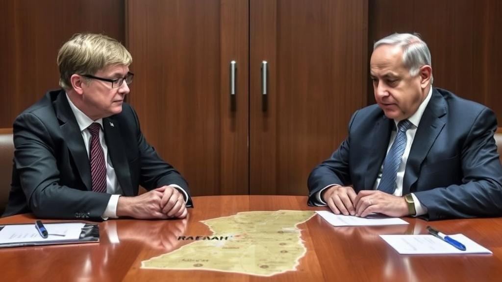 German Chancellor Olaf Scholz and Israeli Prime Minister Benjamin Netanyahu in a tense, closed-door meeting, with a map of the Gaza Strip and Rafah on the table between them, to represent their high-stakes diplomatic mission.