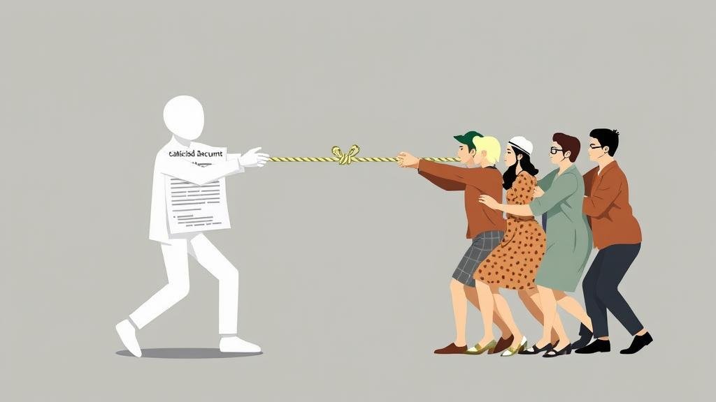 A symbolic image of a tug-of-war. On one side, a figure representing national security pulls on a rope made of classified documents. On the other side, a group of diverse citizens represents transparency, pulling in the opposite direction.