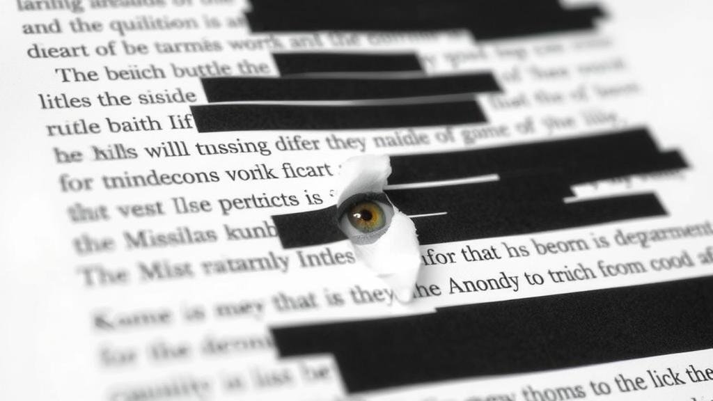 A close-up shot of a heavily redacted document, with thick black bars covering most of the text. A single eye is visible through a tear in the redaction, representing the public's desire to know the hidden truth.