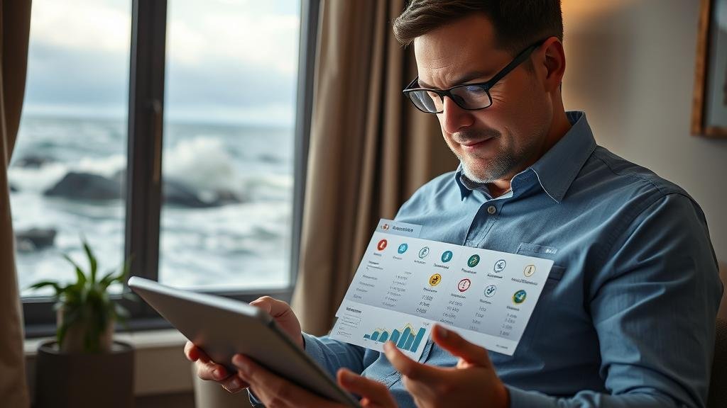 An investor with a calm and focused expression looking at a tablet displaying a diversified portfolio with various asset class icons. In the background, a stormy sea representing market chaos is visible through a window, but the investor is in a secure, well-lit room, symbolizing a safe long-term strategy.