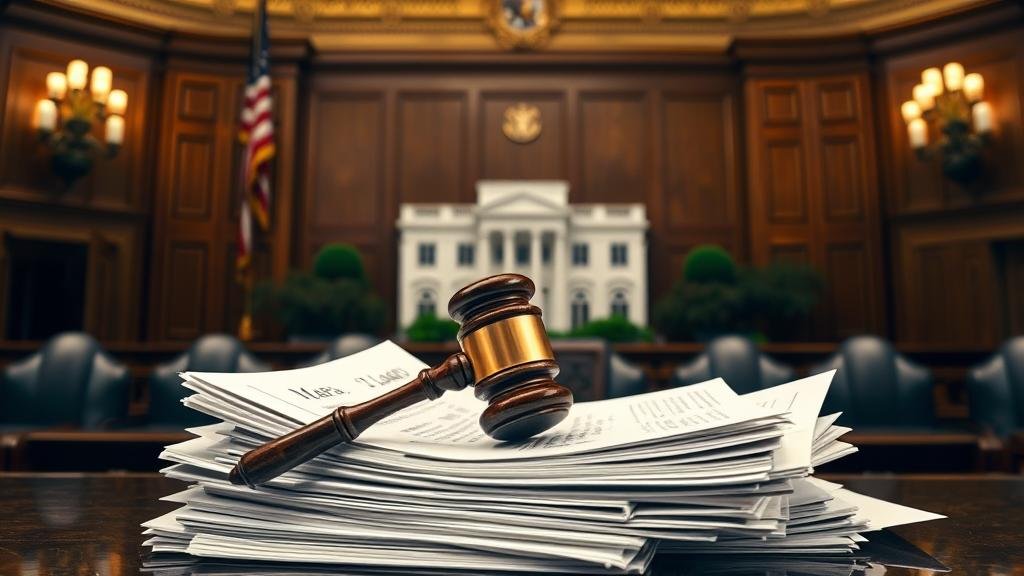 A dramatic courtroom scene with a gavel striking down on a pile of classified documents, with the Mar-a-Lago estate visible in the background, symbolizing the judge's controversial dismissal of the case.