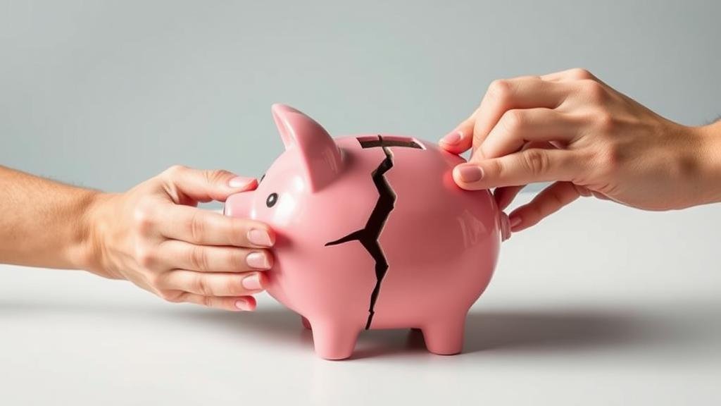 A piggy bank with a crack in it, with hands trying to patch it up, symbolizing the struggle to save and the erosion of purchasing power due to persistent inflation.