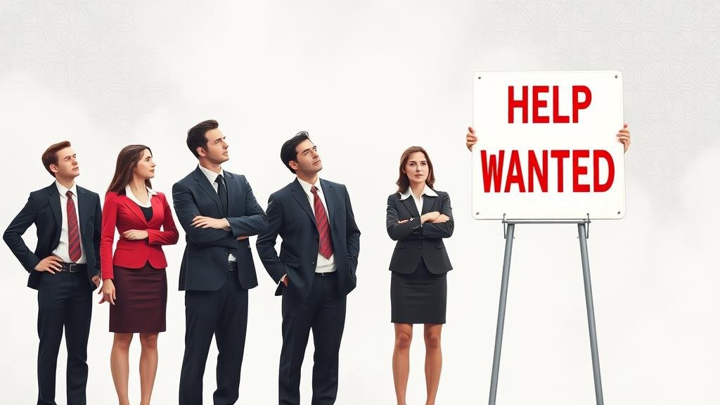 A line of professionals in business attire looking nervously towards a single 'Help Wanted' sign, representing the cooling and increasingly competitive job market.