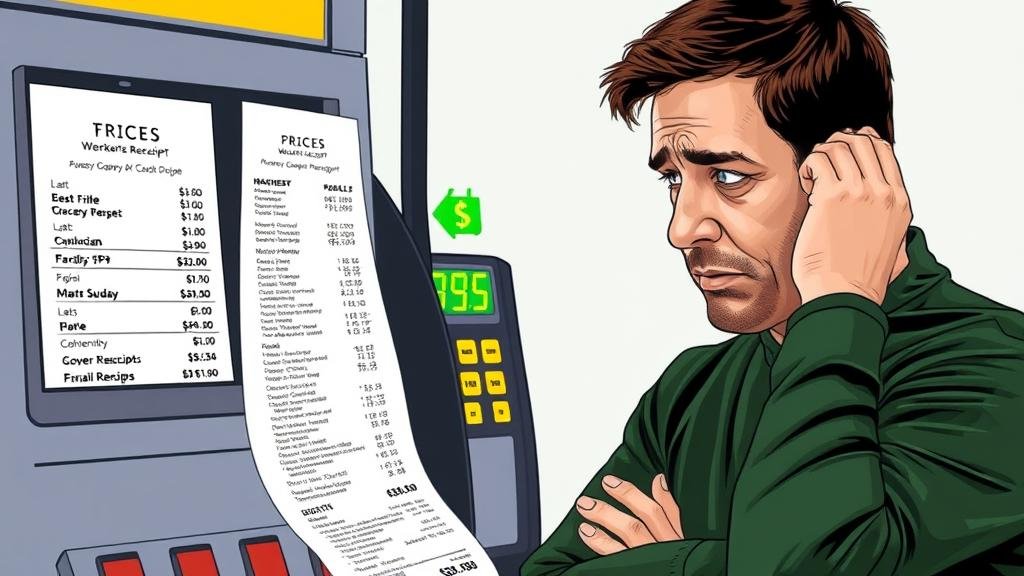 A person looking stressed while looking at a long grocery receipt and a gas pump with high prices, symbolizing widespread economic uncertainty and financial anxiety.