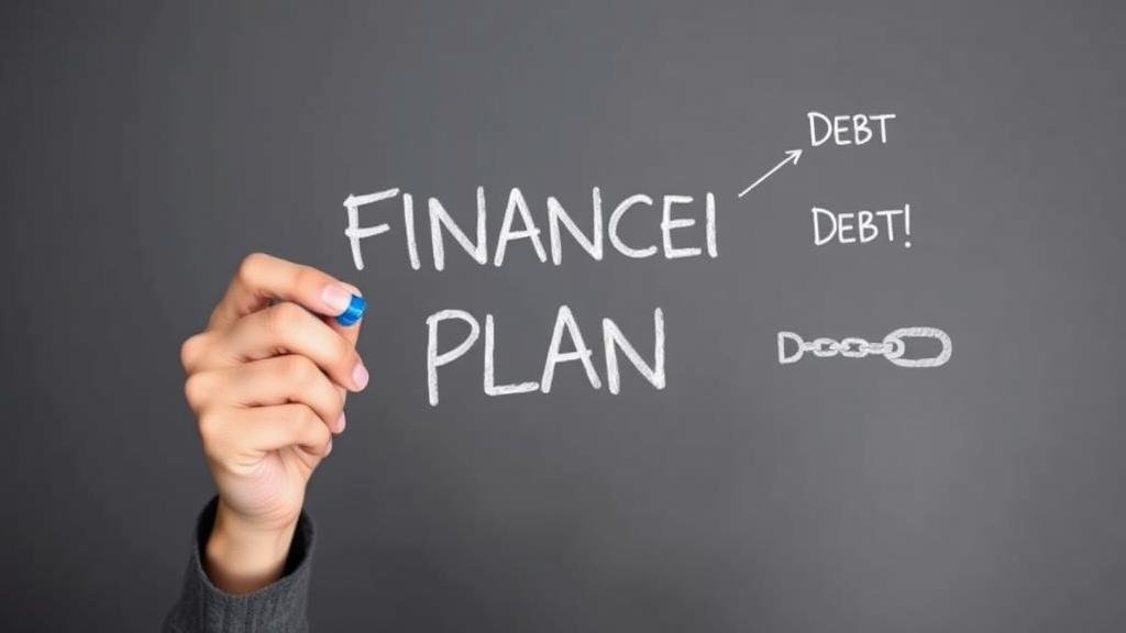 A person confidently drawing a financial plan, with symbols of a shield (emergency fund), a ladder (career growth), and a broken chain (debt), representing proactive steps towards financial resilience.