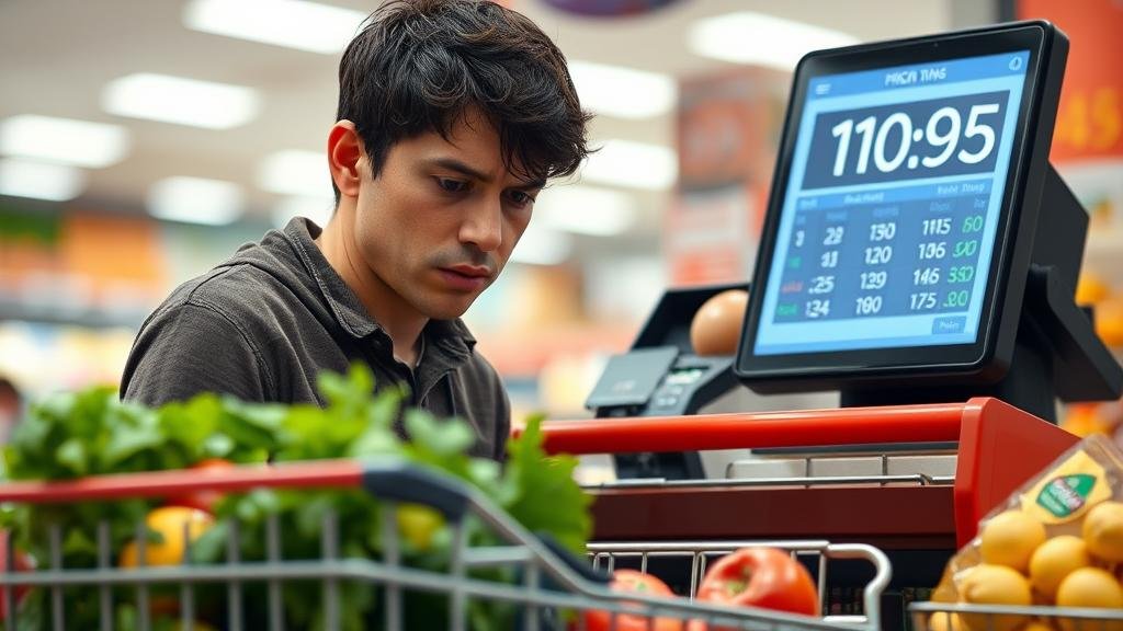 A person looking worriedly at their full grocery cart while the cash register displays a very high total, illustrating the impact of rising prices.