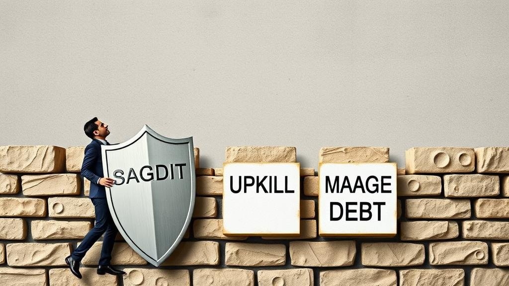 A person building a fortress wall with blocks labeled 'BUDGET AUDIT,' 'UPSKILL,' and 'MANAGE DEBT,' representing proactive financial security steps.