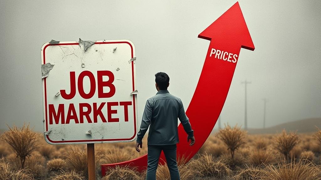A person is caught metaphorically between a crumbling sign that says JOB MARKET and a large red arrow pointing up with the word PRICES, symbolizing dual economic pressures.