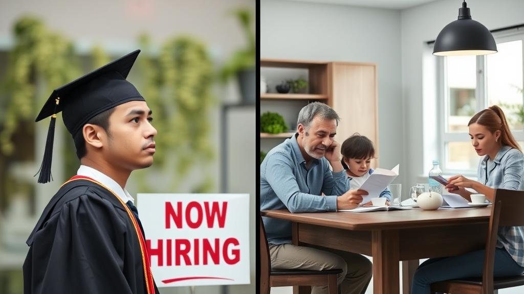 A split-panel image showing a sad graduate looking at a 'Now Hiring' sign, and a stressed family reviewing bills at their kitchen table.