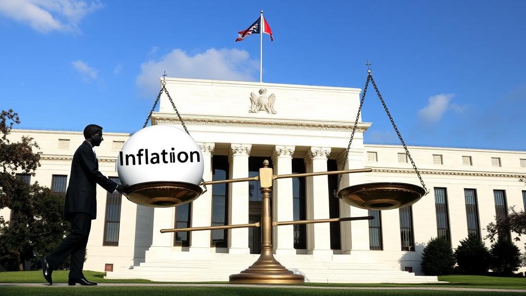 An allegorical image of the Federal Reserve building, with a figure representing the Fed chair adjusting a large balancing scale weighing 'Inflation' on one side and 'Recession' on the other.