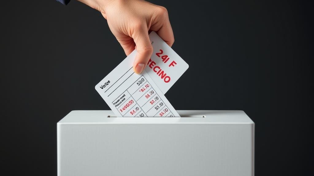 A visually striking graphic of a 'K' shaped graph, where the upward arm is associated with a bull market, stocks, and corporate growth, and the downward arm illustrates a declining quality of life for the average person, with symbols like a sad family, a piggy bank being emptied, and rising prices.