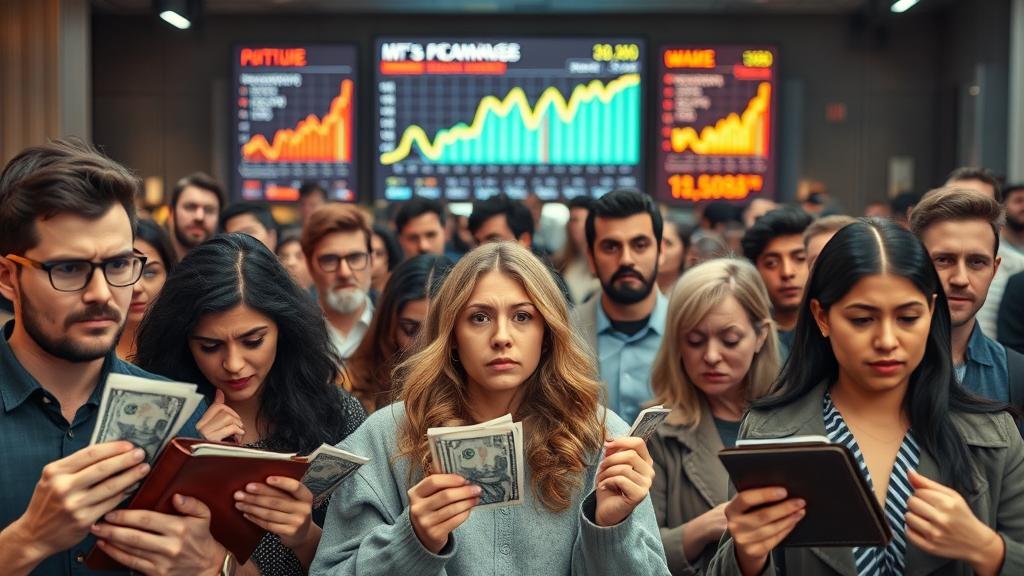 A crowd of diverse, everyday people looking worried and stressed about their finances, holding bills and empty wallets. In the background, a large, glowing screen displays positive economic charts and headlines that are being ignored by the people.