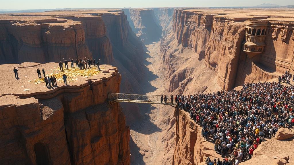A dramatic image of a massive, widening canyon. On one side, a small, exclusive group of wealthy individuals are celebrating on a cliff of gold and assets. On the other side, a large, diverse crowd representing the middle and lower class is struggling to cross the gap, with a broken, rickety bridge.