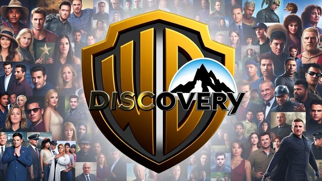 A dramatic depiction of the Warner Bros. Discovery and Paramount logos merging, symbolizing a colossal media entity. The background could feature a collage of iconic movie and TV show characters from both companies, hinting at the vast content library at stake.