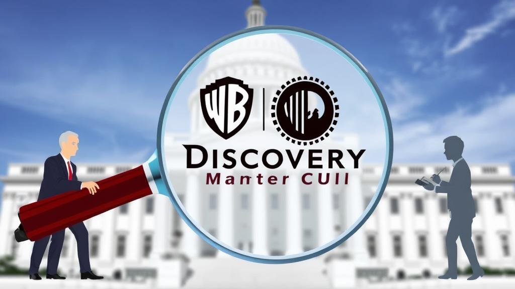 An image illustrating the concept of regulatory scrutiny. The combined Warner Bros. Discovery and Paramount logos are being examined under a giant magnifying glass held by figures representing the Department of Justice (DOJ) and the Federal Communications Commission (FCC), set against a backdrop of a government building.
