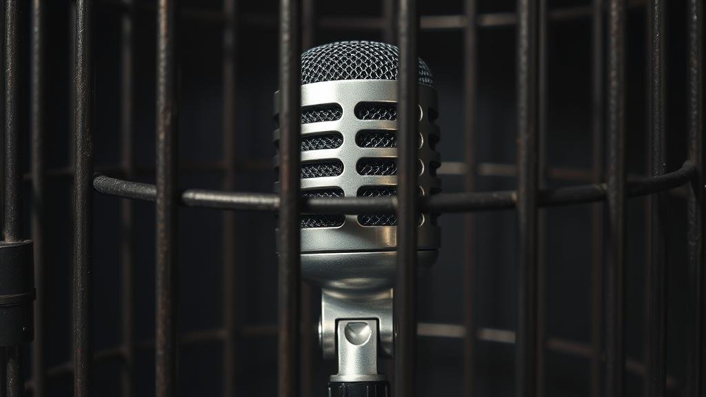 An image of a microphone in a cage, representing the 'chilling effect' on the free press and the suppression of investigative journalism.