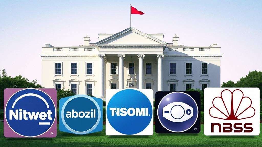 An illustration of the White House casting a shadow over the logos of major media companies, symbolizing government interference.