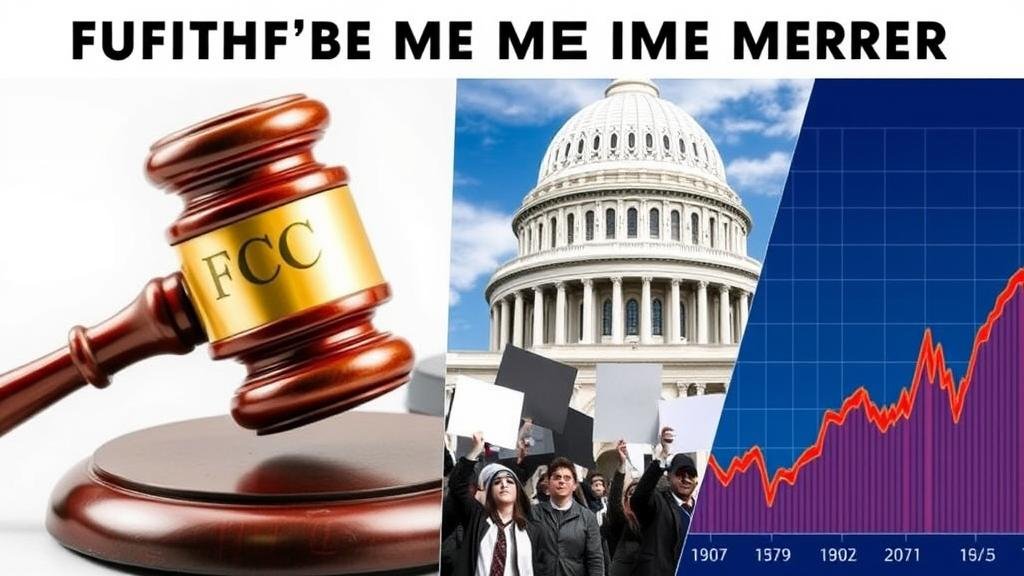 A collage of images representing the future of the media merger: a gavel for the FCC review, the Capitol building for congressional oversight, a group of protestors for public advocacy, and a stock market chart for market reaction.