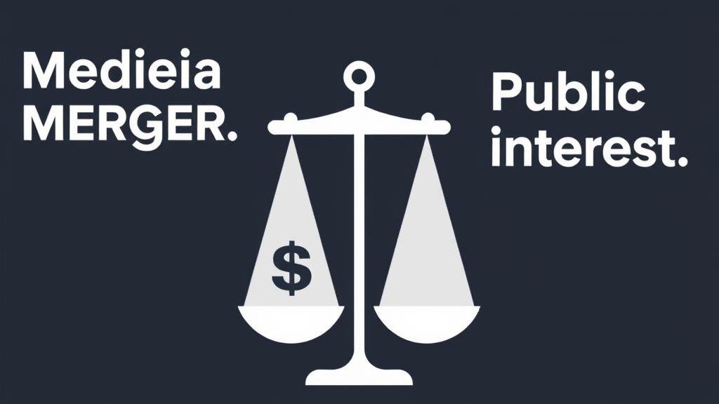 A graphic showing a scale with a dollar sign on one side and the public interest on the other, representing the conflict of interest in the media merger.