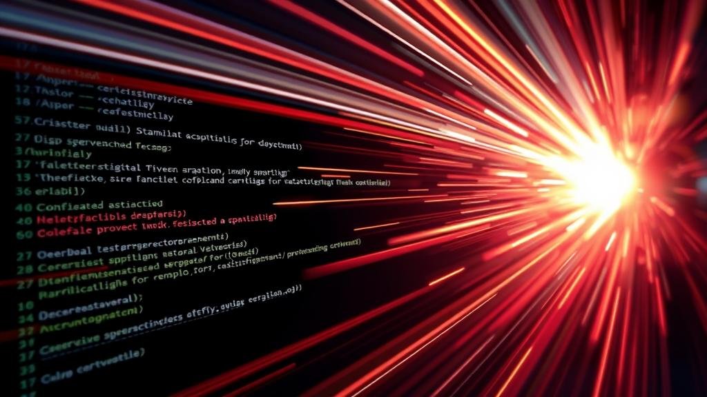 Abstract visualization of speed with light streaks representing fast commands in a terminal.