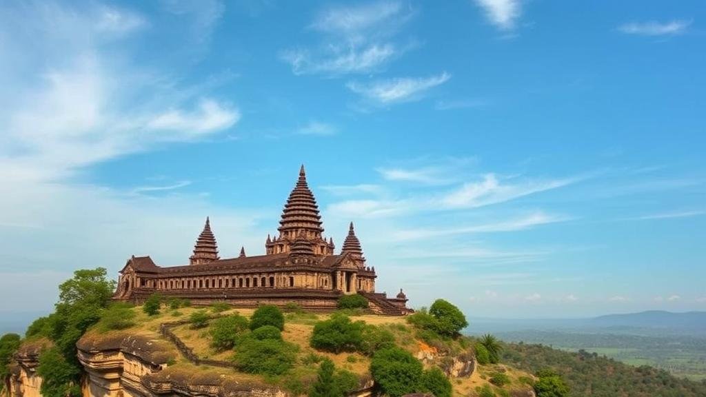 A dramatic scene of military conflict along the Thailand-Cambodia border, with heavy artillery and fighter jets in action, as civilians are forced to flee in the foreground.