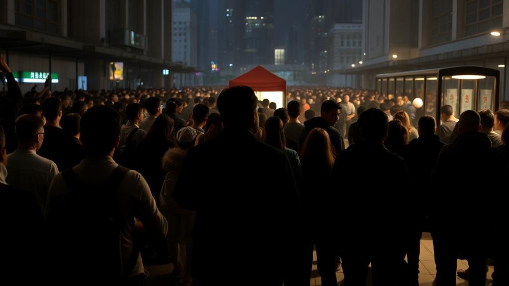 Large crowd of silhouetted Hong Kong citizens turning their backs on a polling station in silent protest.