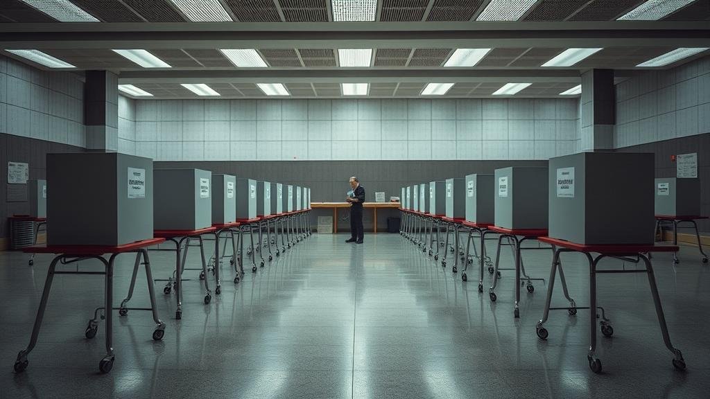 A wide, somber shot of a completely empty polling station in Hong Kong.