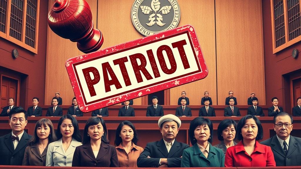 Symbolic image of a rubber stamp with 'PATRIOT' on it hovering over anxious candidates.