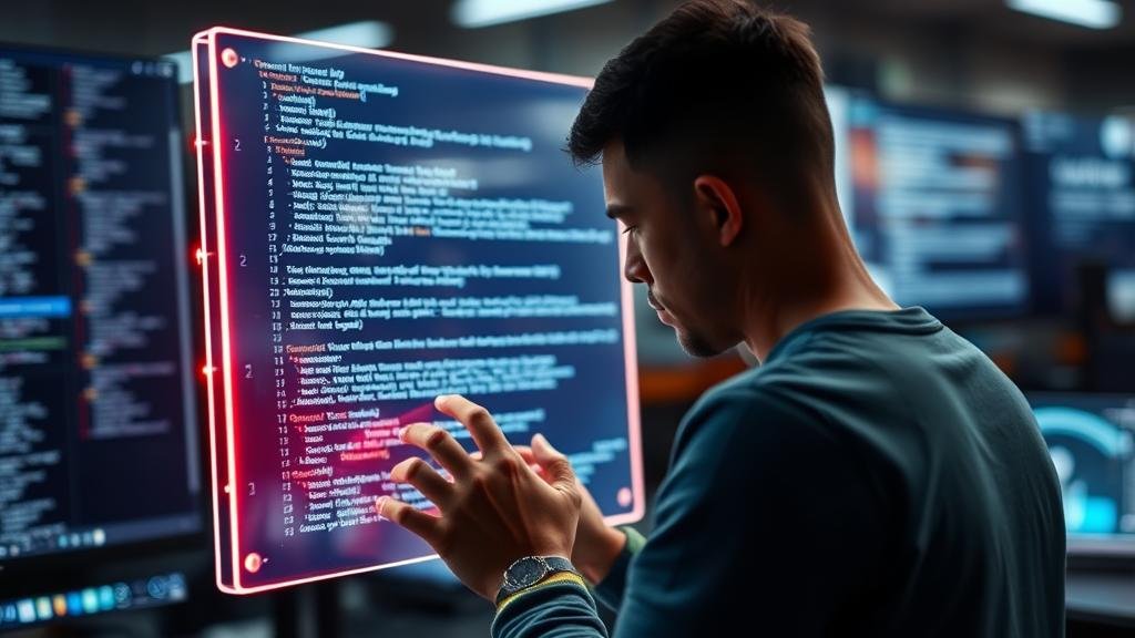 A developer using a futuristic command line interface on a glowing, transparent screen.