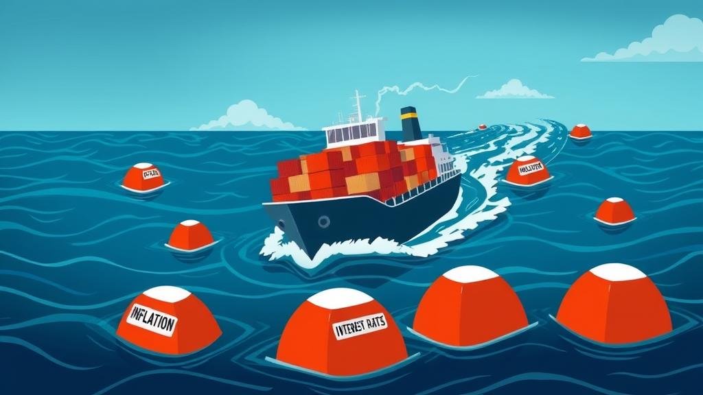 An image of a nimble cargo ship navigating a treacherous sea with obstacles labeled Inflation, Geopolitical Tensions, and Interest Rates, representing the fragile nature of the economic rebound and the need for business agility.