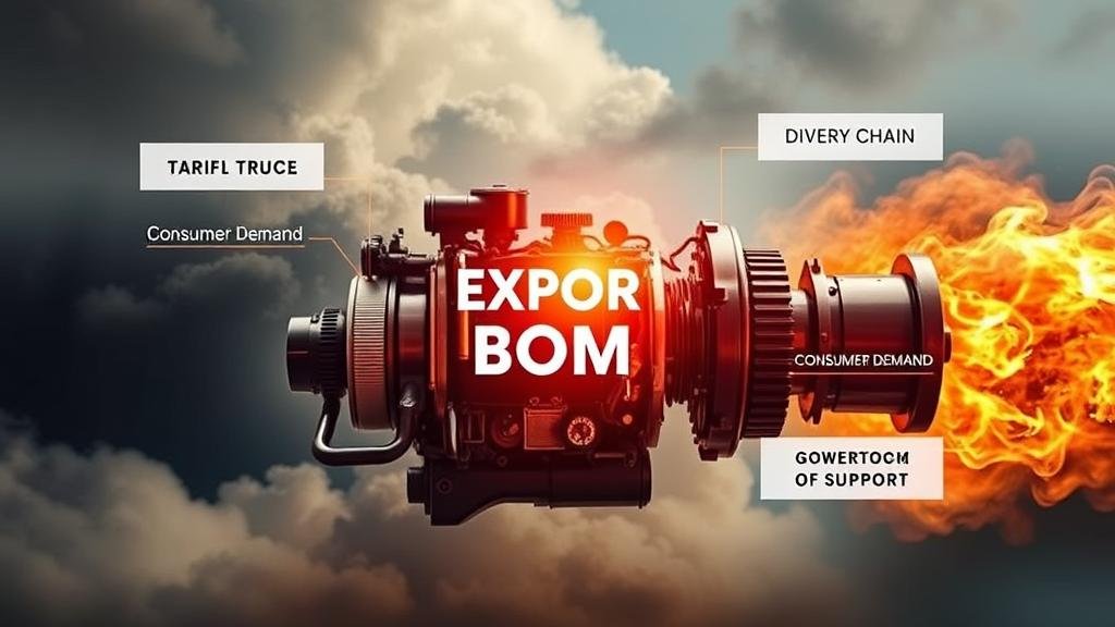 A metaphorical image of a powerful, complex engine being fueled by four distinct sources labeled Tariff Truce, Supply Chain Diversification, Consumer Demand, and Government Support, symbolizing the drivers of the export boom.