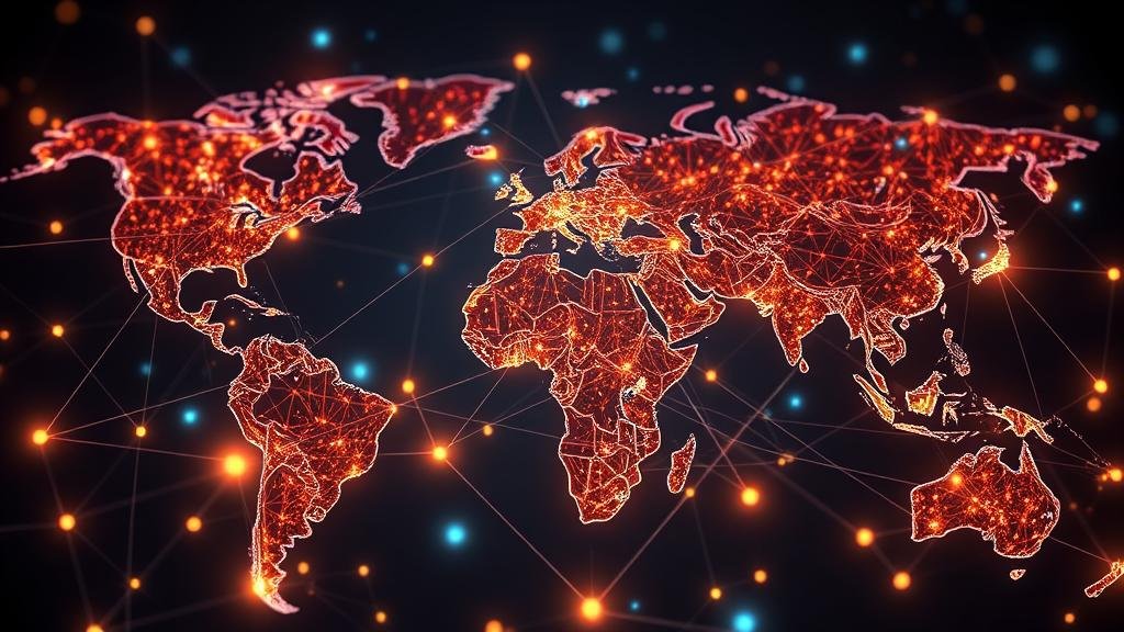 An abstract visualization of a new global trade network, depicted as a complex, organic web of glowing, interconnected nodes and shifting trade routes, illustrating a more unpredictable and intricate era of international commerce.