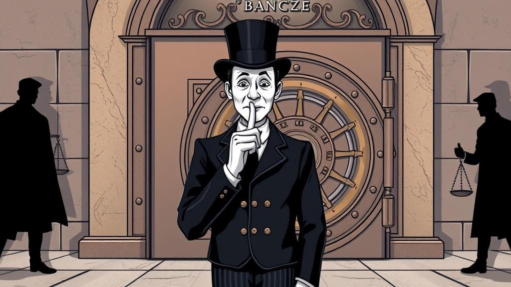 Illustration of a mime symbolizing French secrecy regarding frozen Russian assets, guarding a bank vault.