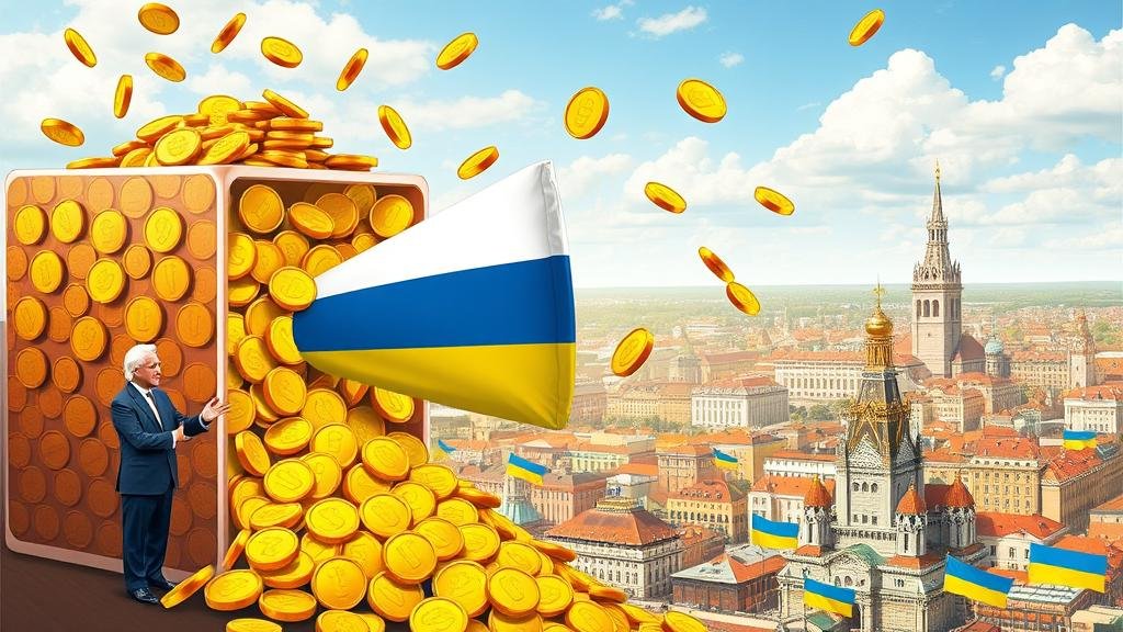 Graphic showing windfall profits from frozen assets being used to fund a $50 billion G7 loan for Ukraine.