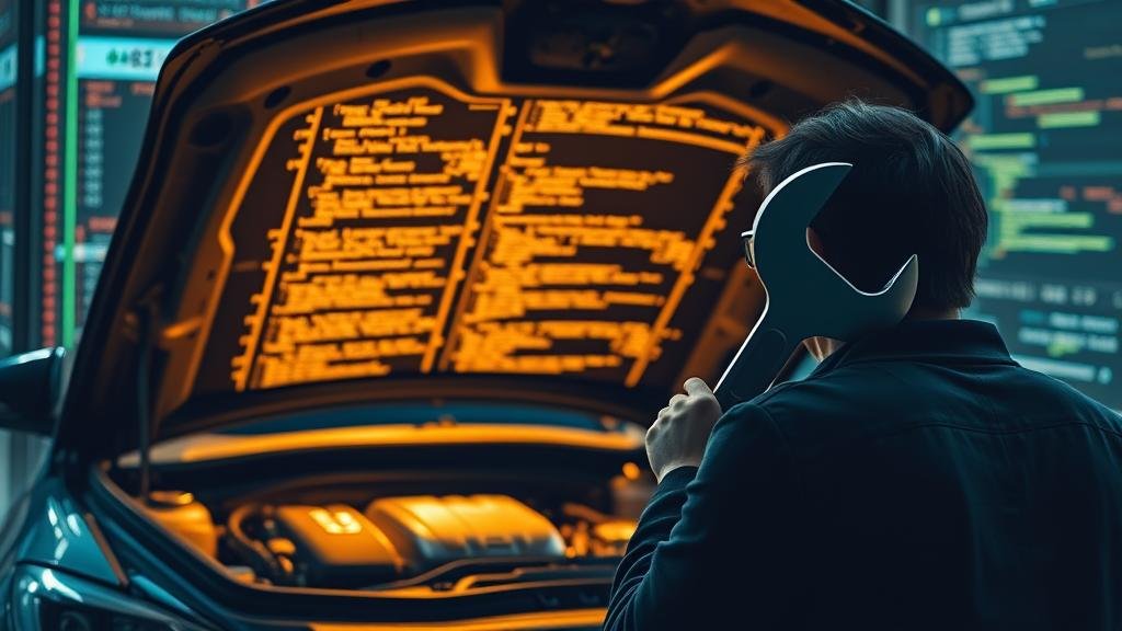 A user looking into a car's engine which is made of glowing code, symbolizing deep system control.