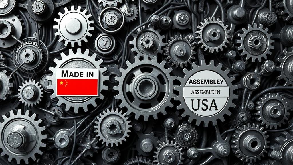 An intricate web of interconnected gears and circuits, with some components labeled 'Made in China' and others labeled 'Assembled in the USA,' to illustrate the deeply integrated nature of their global supply chains.