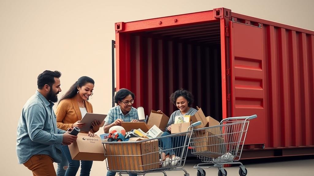 An image capturing the concept of 'The Unstoppable Force of Our Shopping Carts.' A diverse American family is happily unboxing various consumer goods (electronics, toys, mugs) that are flowing directly out of a stylized shipping container from China, illustrating the direct and massive supply chain fueling US consumerism.