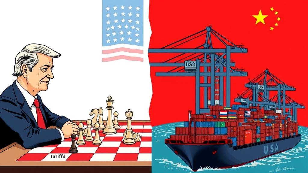 A stylized illustration depicting the duality of the US-China relationship. On one side, two politicians, one representing the US and one representing China, are engaged in a tense chess match with pieces labeled 'tariffs' and 'national security'. On the other side, a bustling shipping port with container ships labeled with US and Chinese flags, representing record-breaking trade and economic activity, showing money flowing between them.
