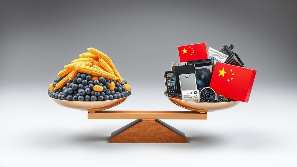 A visual metaphor for 'Economic Interdependence.' Create a balanced scale. On one side, place a pile of American agricultural products like soybeans and corn. On the other side, place a collection of Chinese-made electronics and consumer goods. The scale is perfectly balanced, symbolizing the deep-seated mutual reliance of the US and Chinese economies.