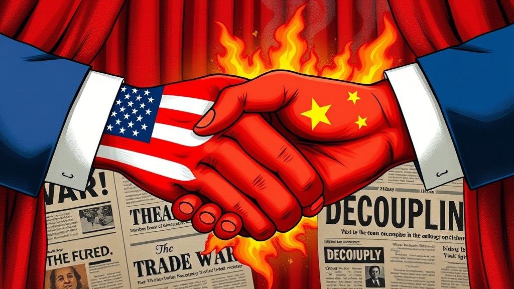 A symbolic handshake between a US-flagged hand and a Chinese-flagged hand, partially obscured by fiery newspaper headlines about trade wars, representing hidden economic interdependence.