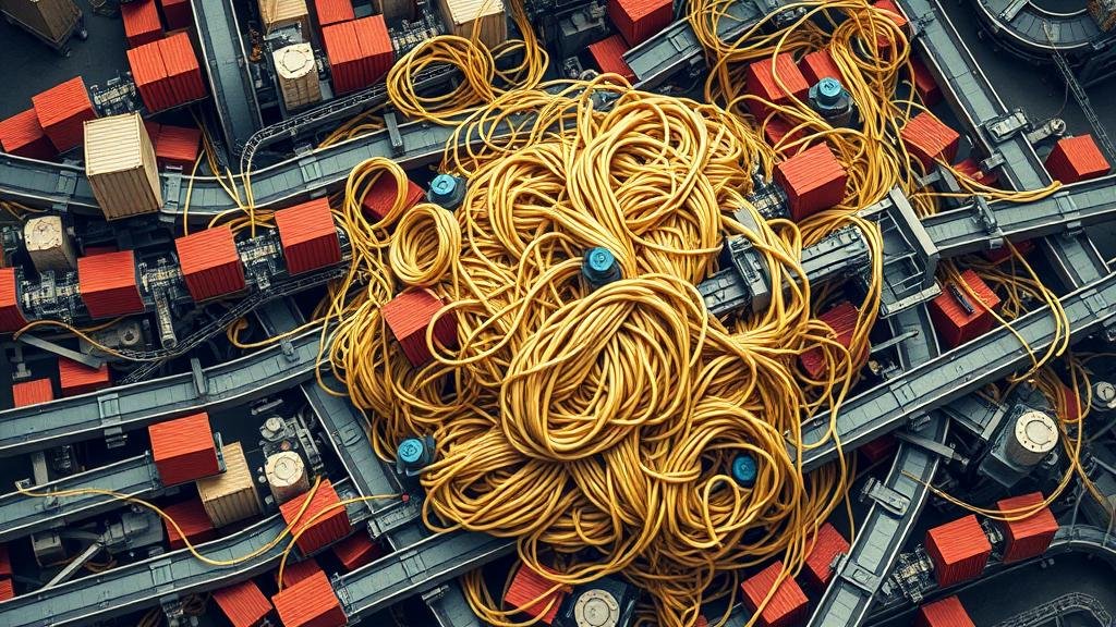 An intricate, spaghetti-like web of conveyor belts and shipping containers, symbolizing the complex and resilient global supply chains that are hard to untangle.