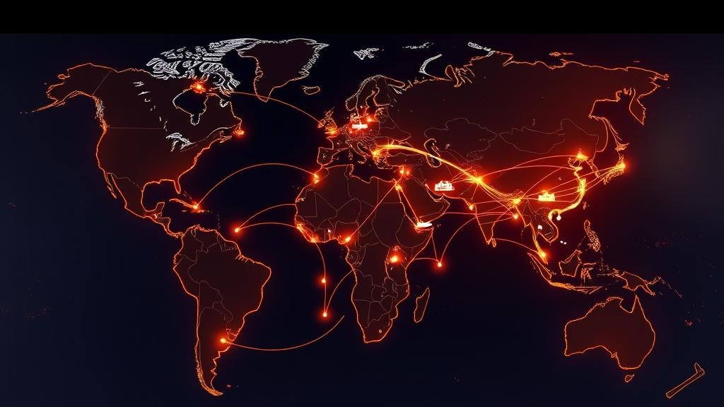 A glowing world map showing diversified trade routes expanding from China to Southeast Asia, Latin America, and Africa.