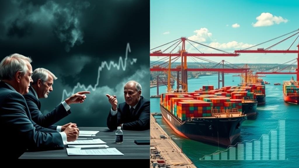 A split-screen image showing politicians arguing on one side and a bustling, sunny port on the other, symbolizing the conflict between political narrative and economic reality.