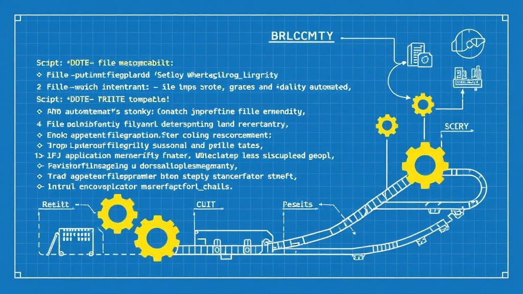 A blueprint showing commands branching out to automate tasks depicted as gears and conveyor belts.