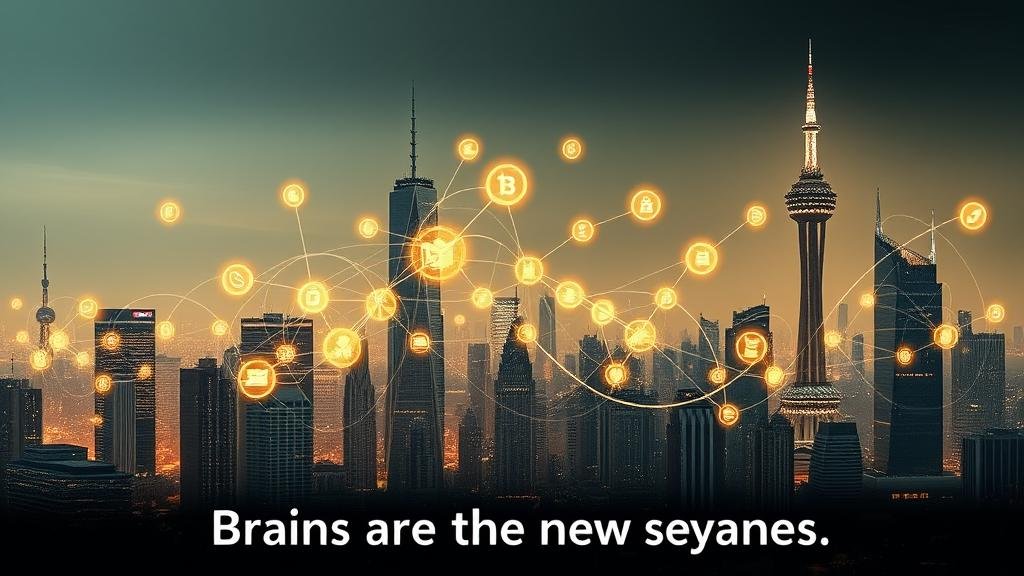 Abstract network of digital icons representing finance and tech flowing between US and Chinese city skylines.