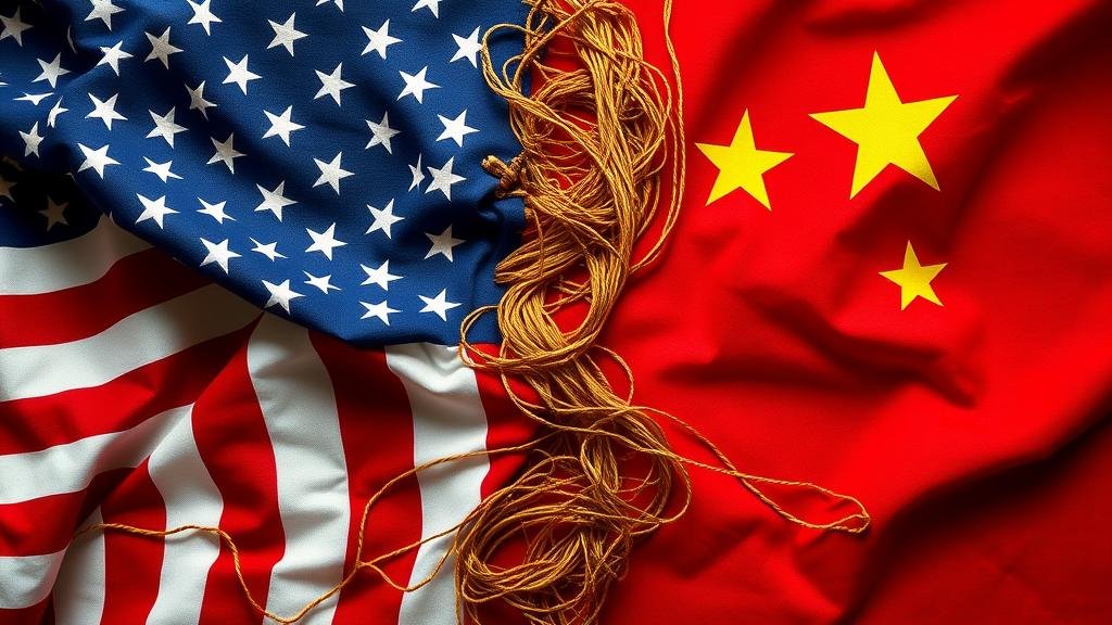 US and Chinese flags woven together into an intricate tapestry with golden threads symbolizing intertwined economic destinies.