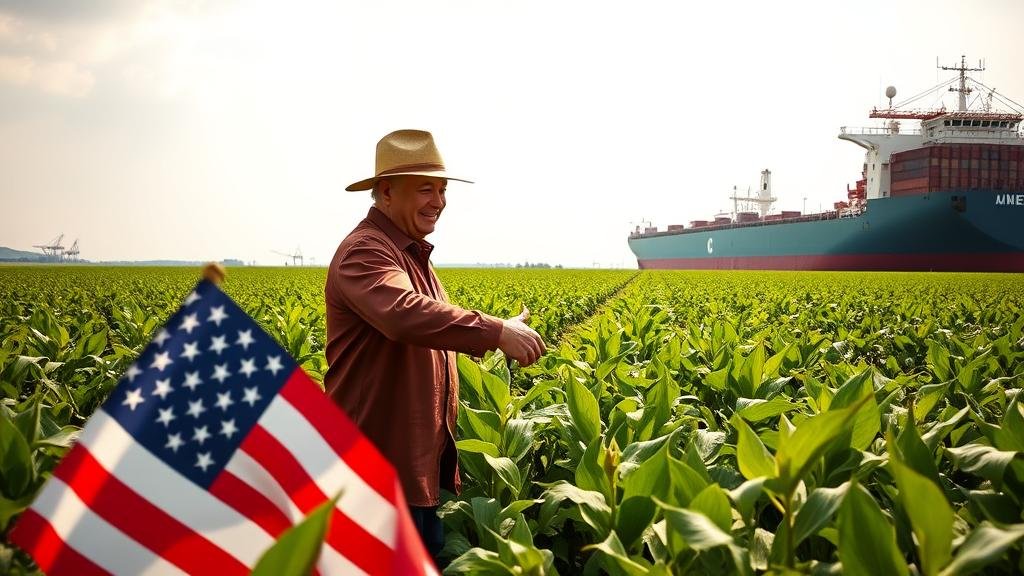 American farmer in a soybean field shaking hands with a Chinese buyer as a cargo ship is loaded in the background.