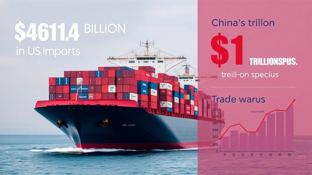 An infographic-style image showing a massive cargo ship overflowing with containers labeled 'Made in China' heading towards a US port. In the background, bold, stylized numbers and upward-trending charts highlight key statistics like '$461.4 Billion in US Imports' and 'China's $1 Trillion Surplus,' visually representing the unexpected resilience of trade despite the trade war.