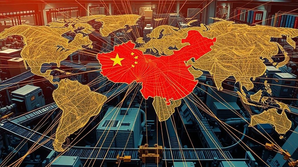 A visual metaphor for the 'sticky' global supply chain. A massive, intricate, and slightly sticky-looking web of industrial machinery and conveyor belts is centered in China. Smaller threads connect to this central hub from all over the world. Tiny figures representing companies are shown trying to tug their threads away, but they are stuck fast, illustrating how deeply integrated and difficult it is to leave China's manufacturing ecosystem.